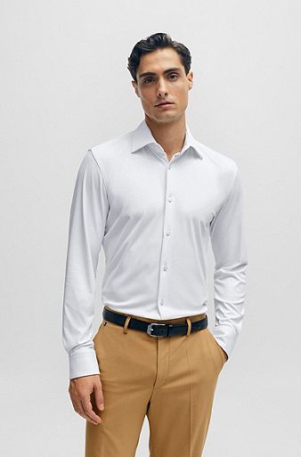 Camicia slim fit in tessuto elasticizzato ad alte prestazioni, Bianco