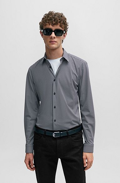 Slim-fit shirt in printed performance-stretch fabric, Dark Grey