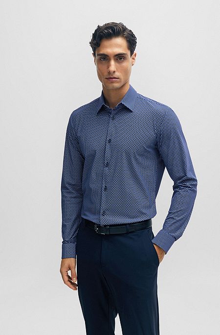 Slim-fit overhemd van hoogwaardig stretchmateriaal met print, Donkerblauw