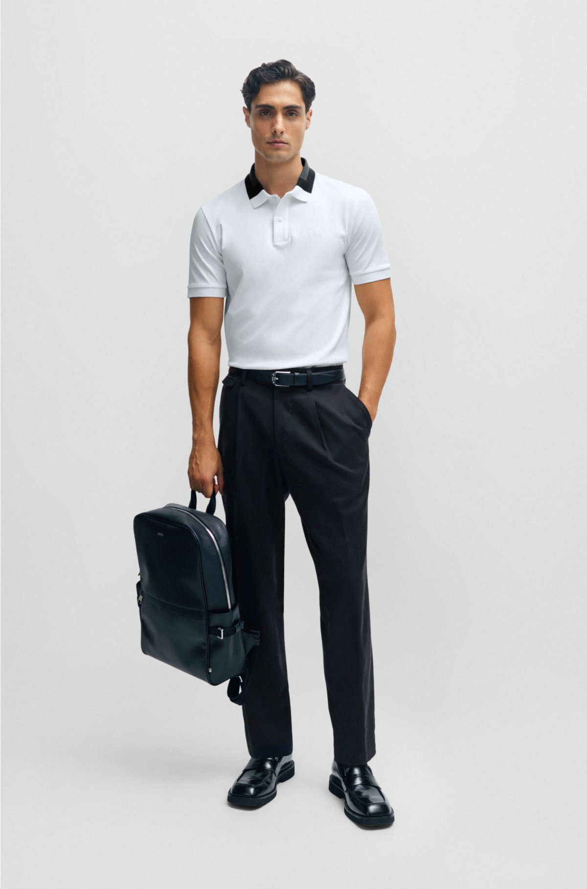 BOSS - Interlock-cotton slim-fit polo shirt with colour-blocked collar