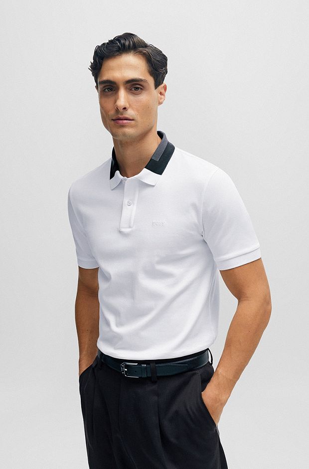 Interlock-cotton slim-fit polo shirt with colour-blocked collar, White