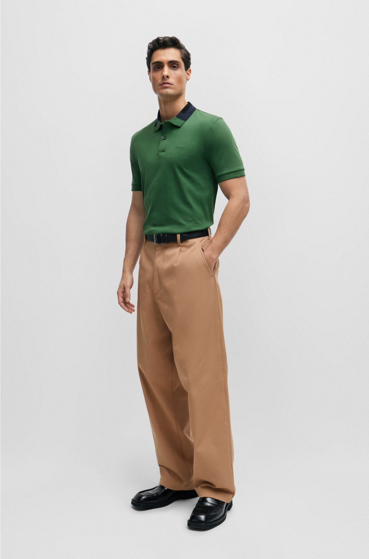 Interlock-cotton slim-fit polo shirt with colour-blocked collar, Dark Green