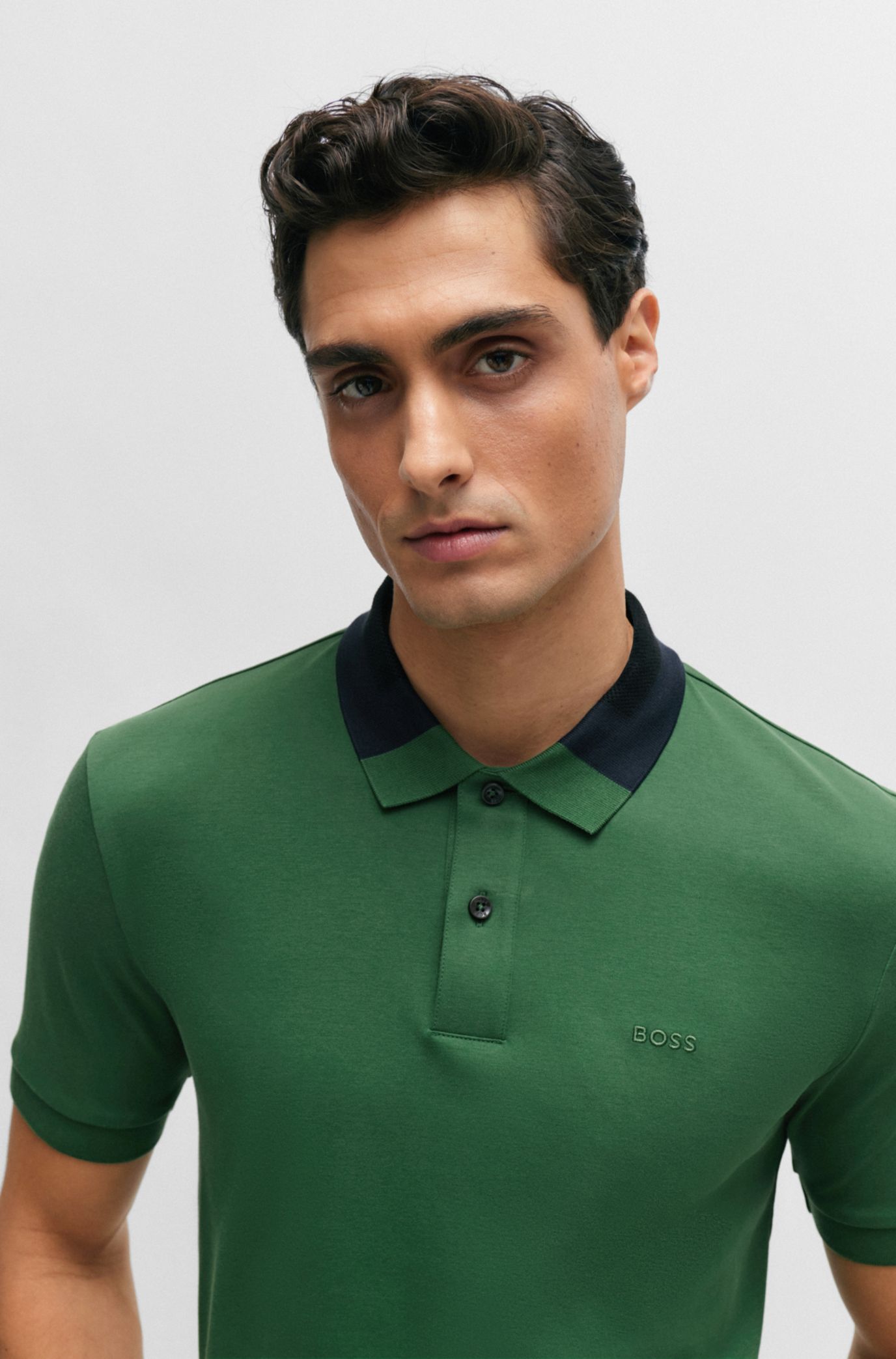 BOSS Interlock cotton slim fit polo shirt with colour blocked collar