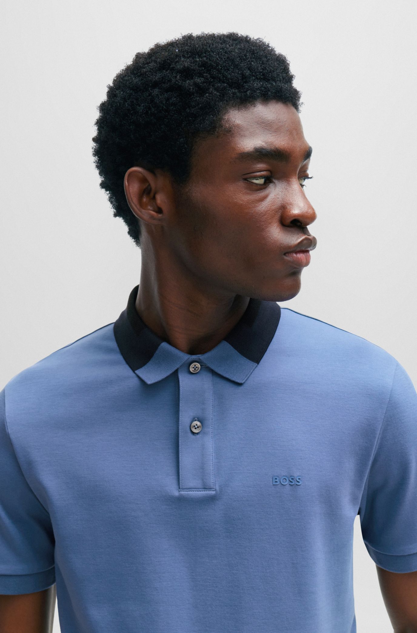 BOSS - Interlock-cotton slim-fit polo shirt with colour-blocked collar