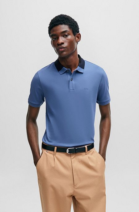 Interlock-cotton slim-fit polo shirt with colour-blocked collar, Blue