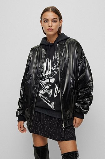HUGO x Bella Poarch relaxed-fit vinyl-effect jacket, Black