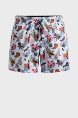 Quick-dry swim shorts with all-over print, White