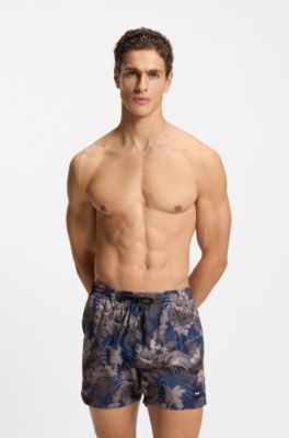 Quick-dry swim shorts with all-over print, Brown