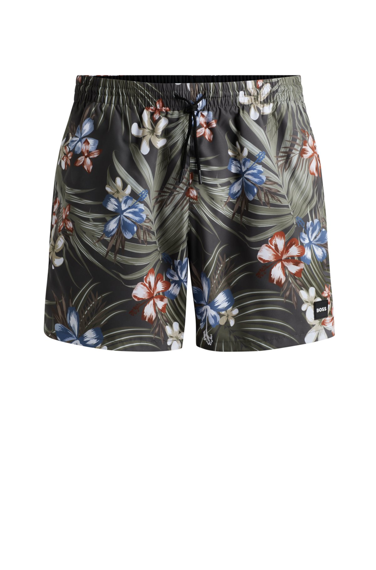 Tropical-print quick-drying swim shorts with logo badge, Khaki