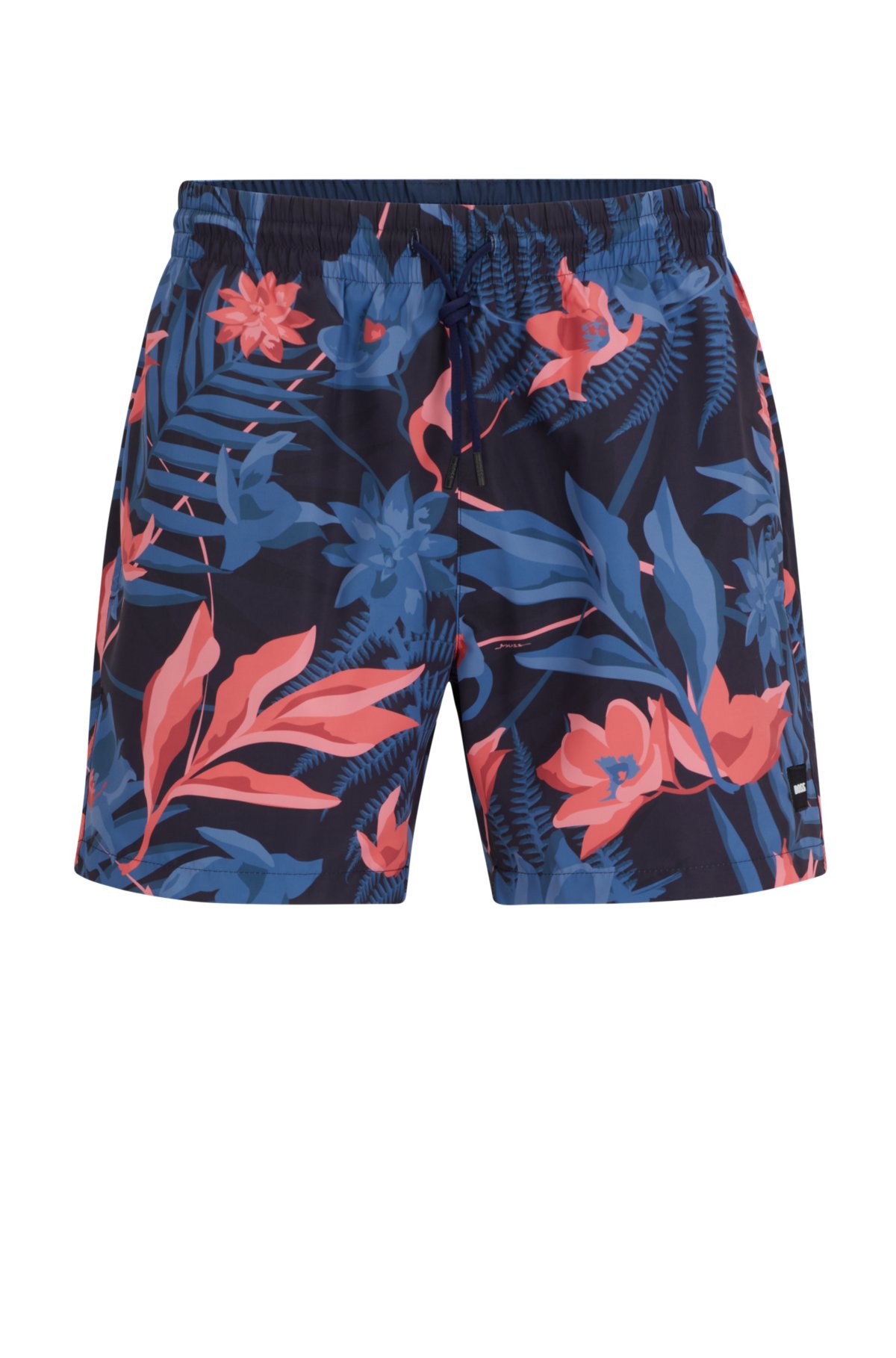 Tropical-print quick-drying swim shorts with logo badge, Dark Blue