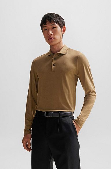 Slim-fit polo shirt with long sleeves, Brown