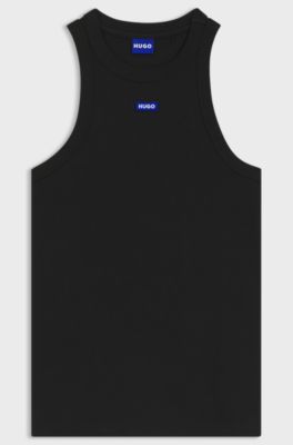 Stretch-cotton tank top with blue logo label, Black