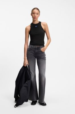 Top a canotta in cotone elasticizzato con etichetta con logo blu, Nero