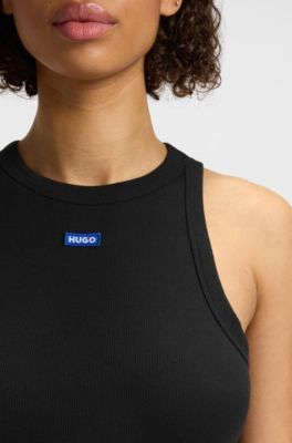 Stretch-cotton tank top with blue logo label, Black