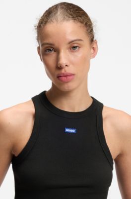 Stretch-cotton tank top with blue logo label, Black