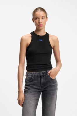 Stretch-cotton tank top with blue logo label, Black