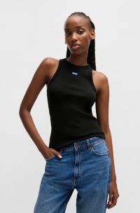 Slim-fit stretch-cotton top with blue logo badge, Black