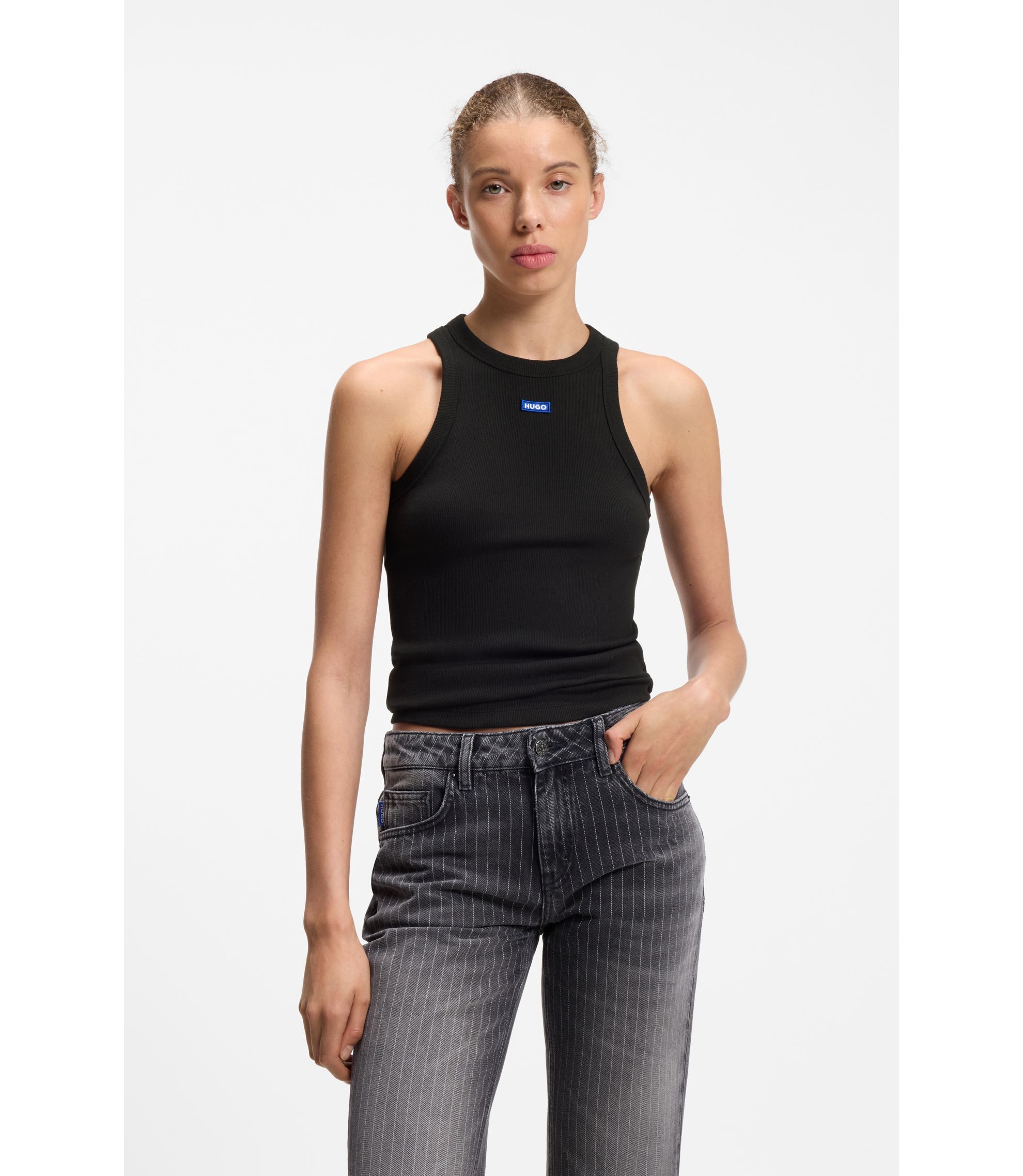 Tanktop aus Stretch-Baumwolle mit blauem Logo-Label