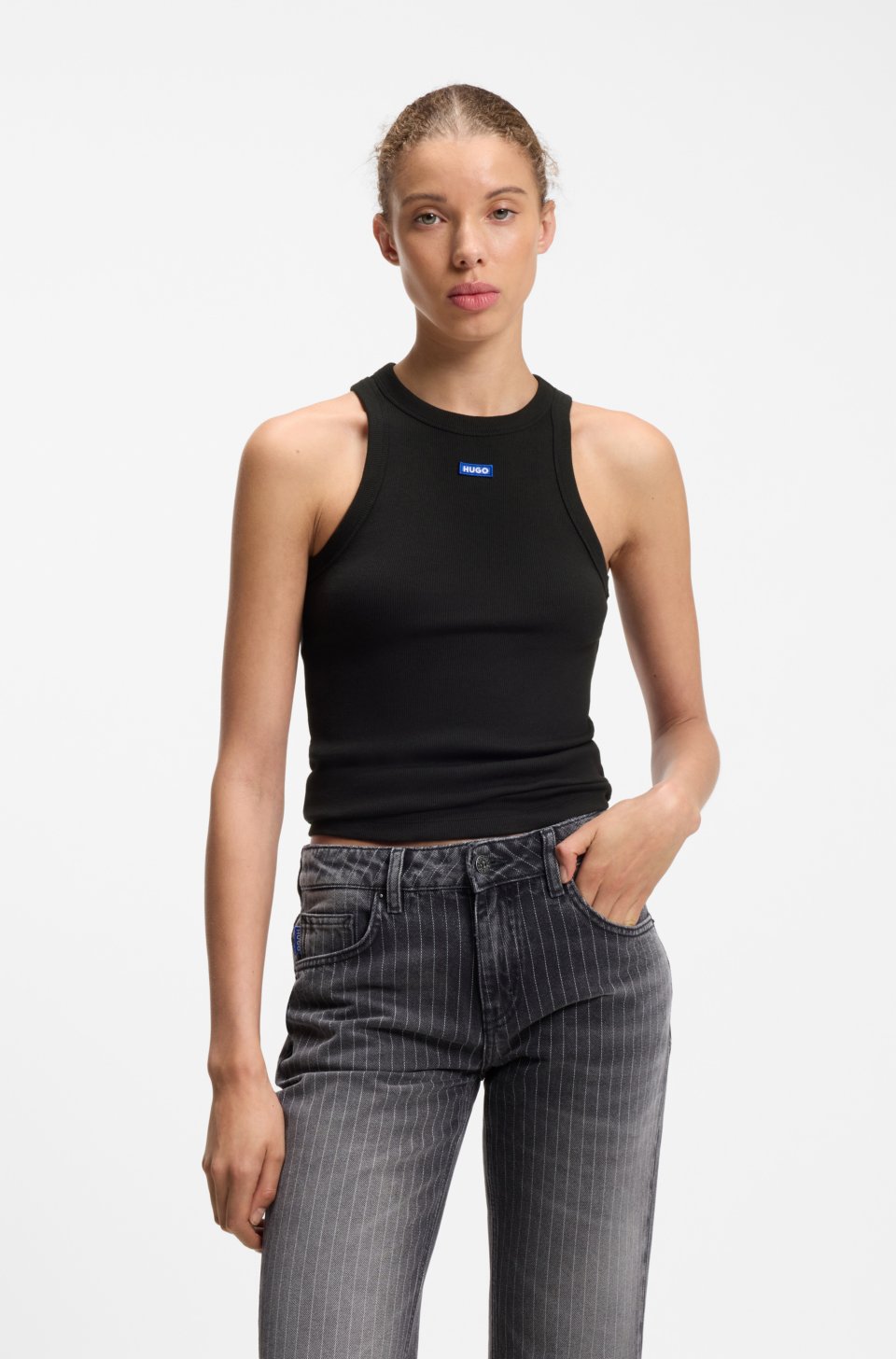 Stretch-cotton tank top with blue logo label