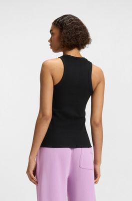 Stretch-cotton tank top with blue logo label, Black