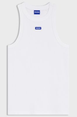 Camiseta de tirantes de algod&oacute;n el&aacute;stico con etiqueta con logo azul, Blanco