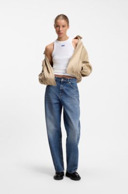 Tanktop aus Stretch-Baumwolle mit blauem Logo-Label, Wei&szlig;