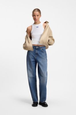 Tanktop aus Stretch-Baumwolle mit blauem Logo-Label, Wei&szlig;