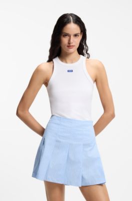 Camiseta de tirantes de algod&oacute;n el&aacute;stico con etiqueta con logo azul, Blanco