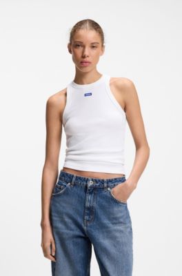 Canotta in cotone elasticizzato con etichetta con logo blu, Bianco