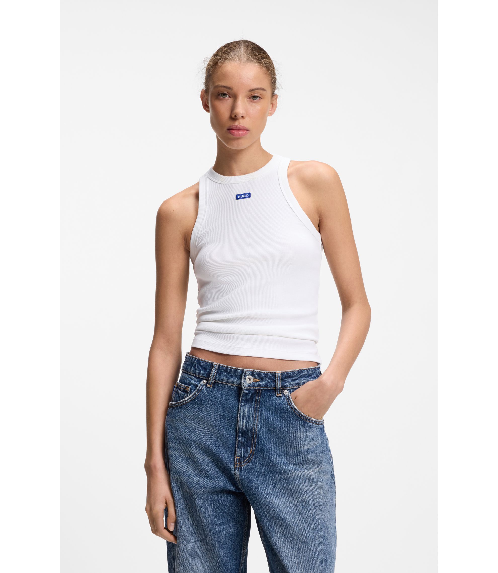 Tanktop aus Stretch-Baumwolle mit blauem Logo-Label
