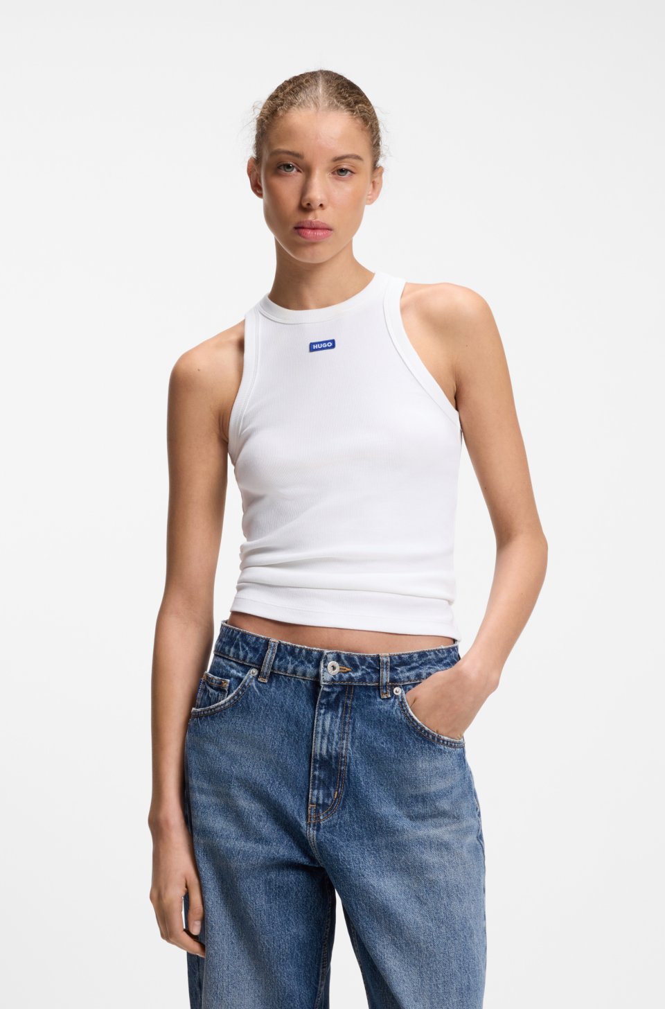 Stretch-cotton tank top with blue logo label