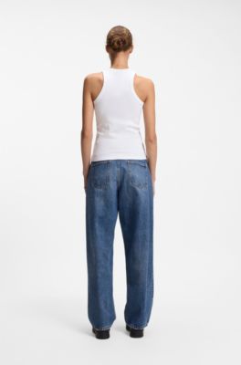 Stretch-cotton tank top with blue logo label, White