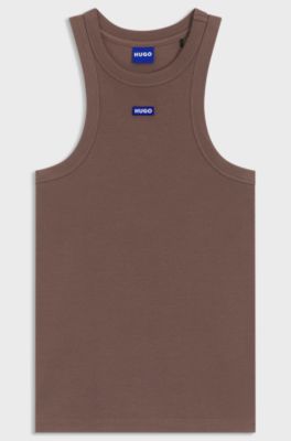 Stretch-cotton tank top with blue logo label, Brown