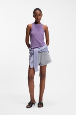 Camisola de al&ccedil;as em algod&atilde;o el&aacute;stico com etiqueta de log&oacute;tipo azul, Purple