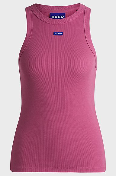 Stretch-cotton slim-fit top with blue logo badge, Pink