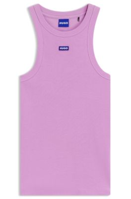 Canotta in cotone elasticizzato con etichetta con logo blu, Rosa chiaro