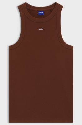 Stretch-cotton tank top with blue logo label, Brown