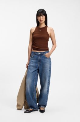 Stretch-cotton tank top with blue logo label, Brown