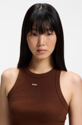 Stretch-cotton tank top with blue logo label, Brown