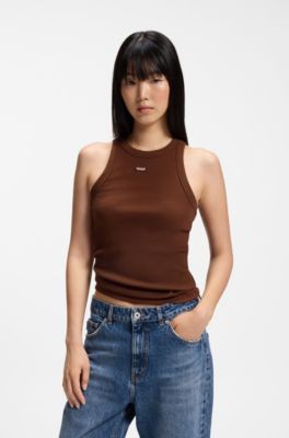 Stretch-cotton tank top with blue logo label, Brown