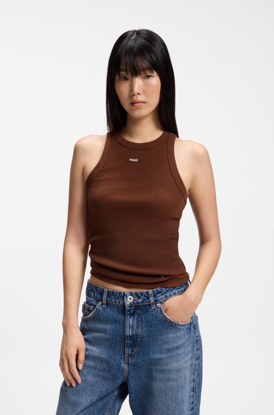 Stretch-cotton tank top with blue logo label