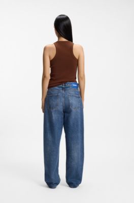 Stretch-cotton tank top with blue logo label, Brown