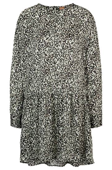 Long-sleeved dress in printed canvas with volant hem, Hugo boss