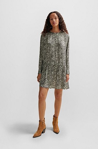 Long-sleeved dress in printed canvas with volant hem, Patterned