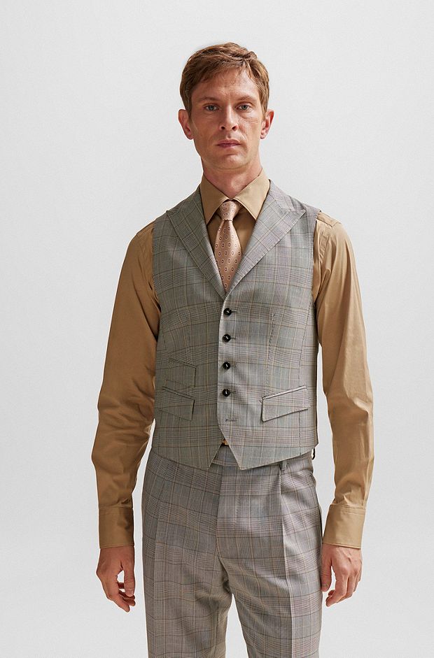 Slim-fit waistcoat in checked virgin wool, Grey