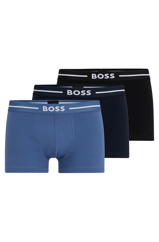 Three-pack of stretch-cotton trunks with logo waistbands, Black  /  Blue