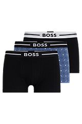 Three-pack of stretch-cotton trunks with logo waistbands, Black  /  Blue