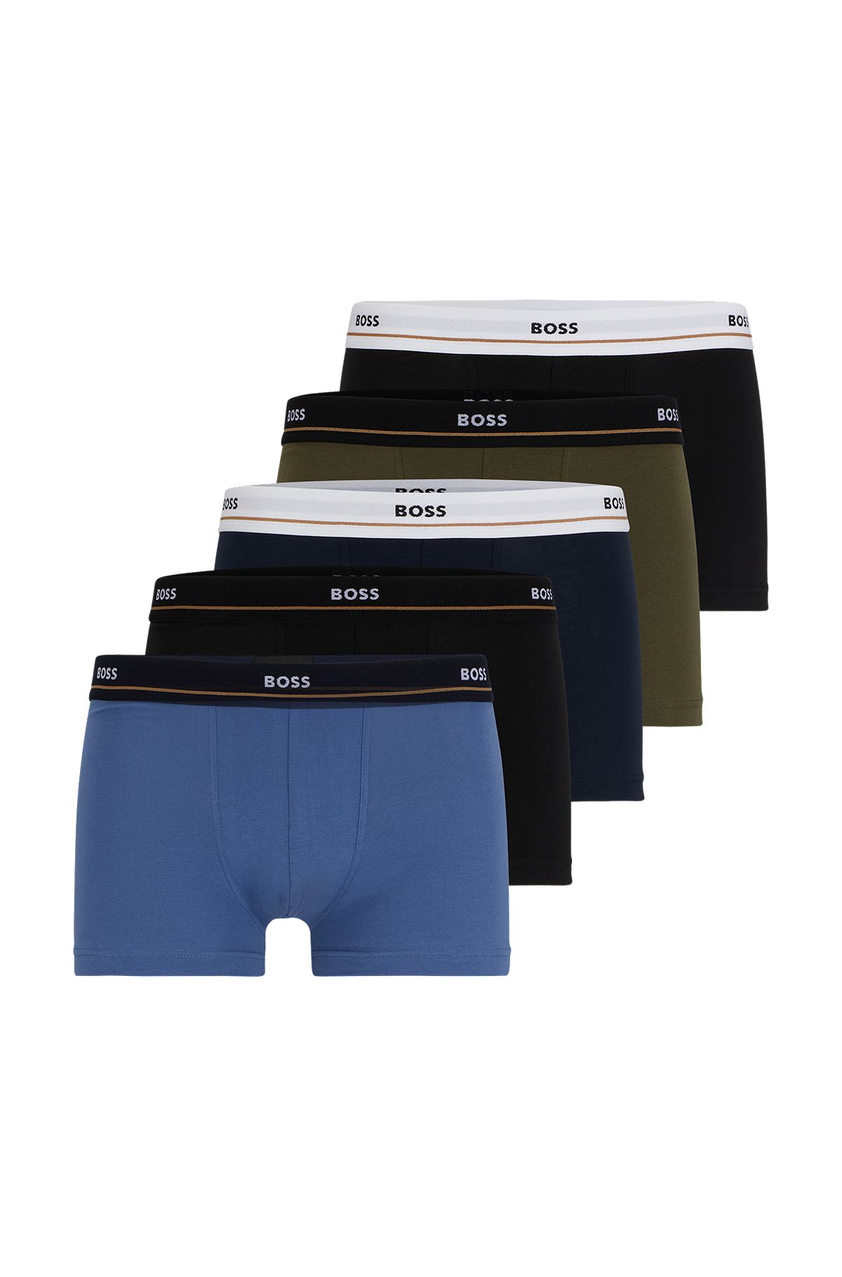 Five-pack of stretch-cotton trunks with logo waistbands, Black / Green / Blue