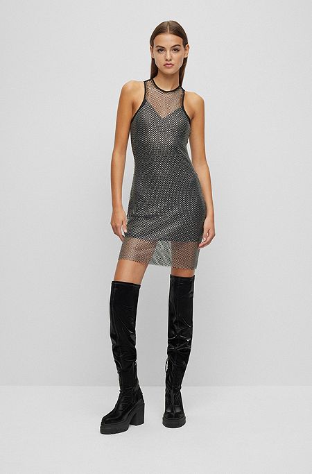 HUGO x Bella Poarch dress in rhinestone-studded mesh, Black