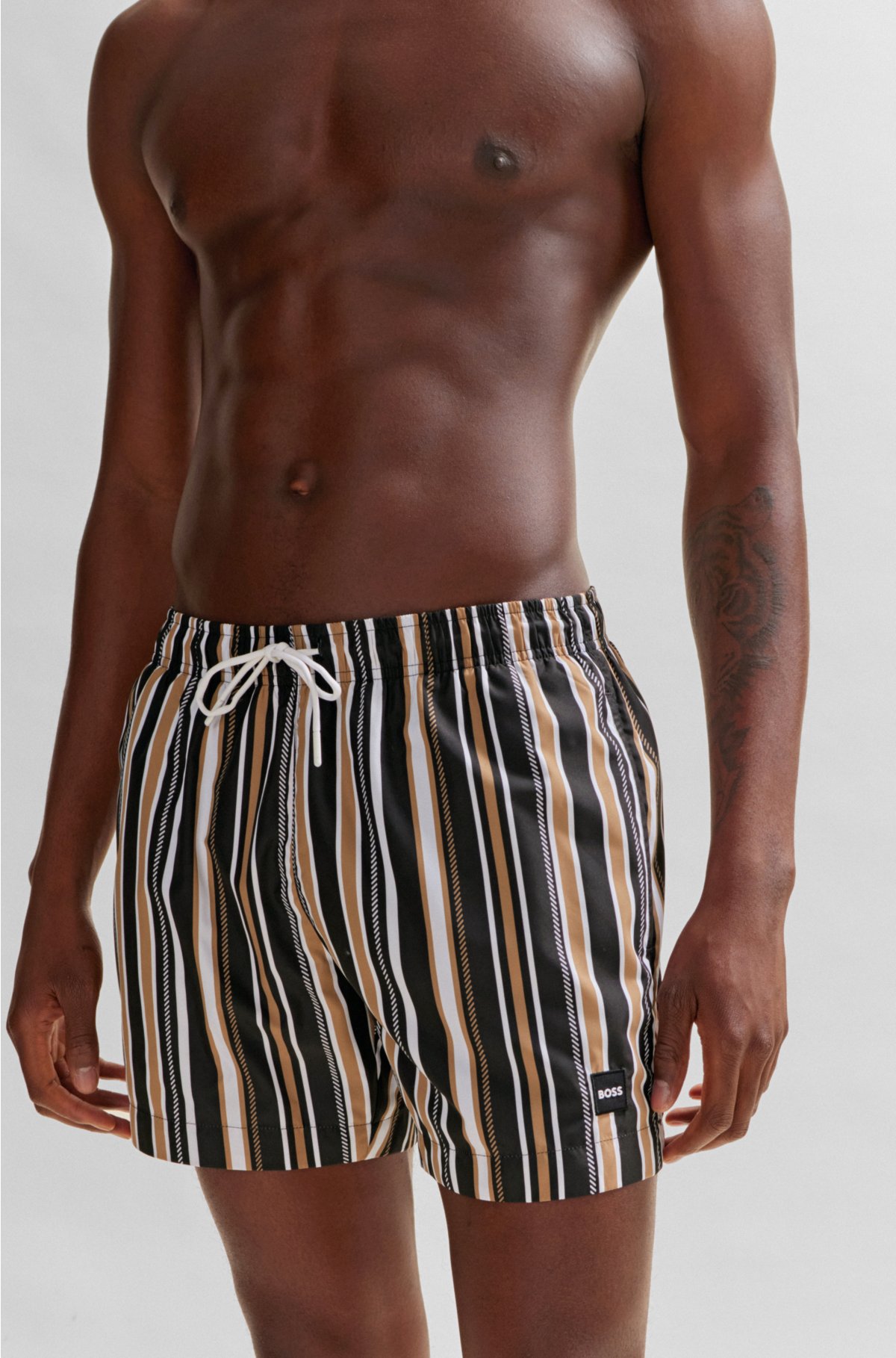 Fully lined swim shorts in striped quick-dry fabric, Black  /  White  /  Beige